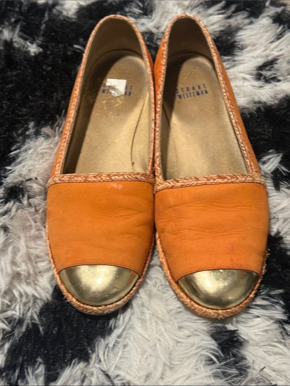 Stuart Weitzman Orange Leather Flats with Gold Cap Toe